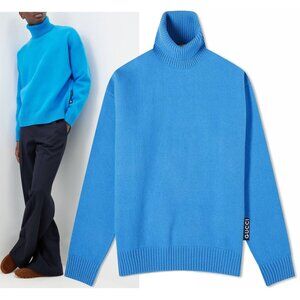 GUCCI SWEATER MENS BLUE WOOL TURTLENECK w LOGO TAB sz L LARGE